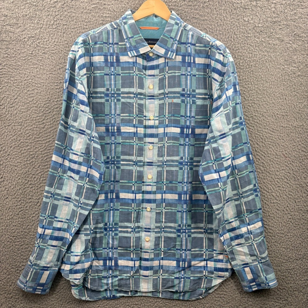 Tommy Bahama Shirt Mens L Blue Plaid Button Up Linen Blend Long Sleeve Casual